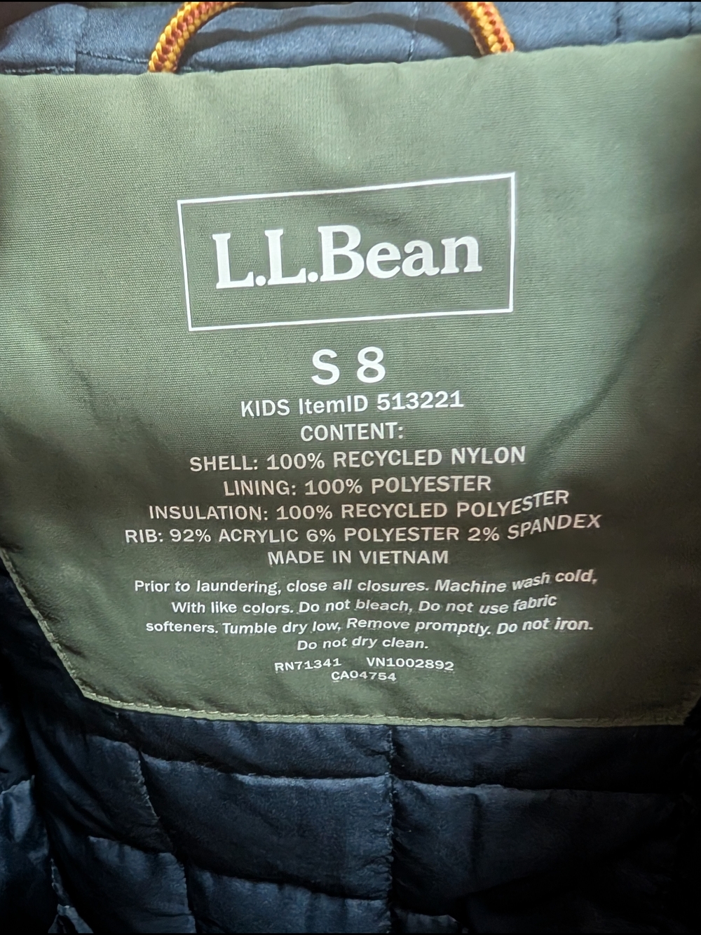 L.L. Bean Youth Hooded Bomber Jacket Forest Green Size 8 Excellent Condition - Picture 5 of 10